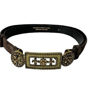 Chico's Size M/L Leather Adjustable Belt Rhinestone Embellished Metal